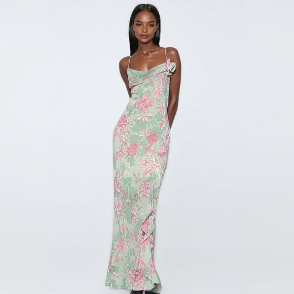 NWT ZARA FLORAL PRINT SLIP DRESS GREEN AND PINK - Picture 3 of 16